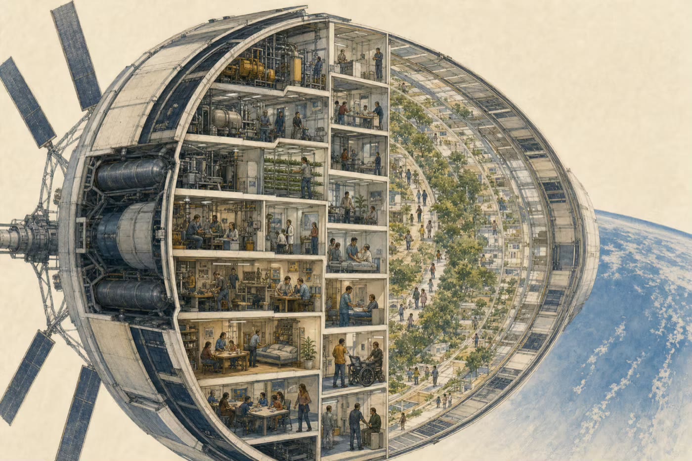 A partial cutaway of a large rotating habitat containing homes, workshops, agriculture, clinics, classrooms, shielding, and people standing toward the rim.