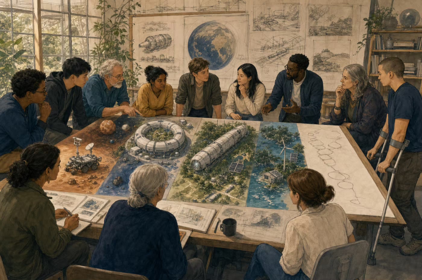 A diverse group compares probes, habitats, a slow ship, Earth resilience, waiting, and not going on a shared systems table.