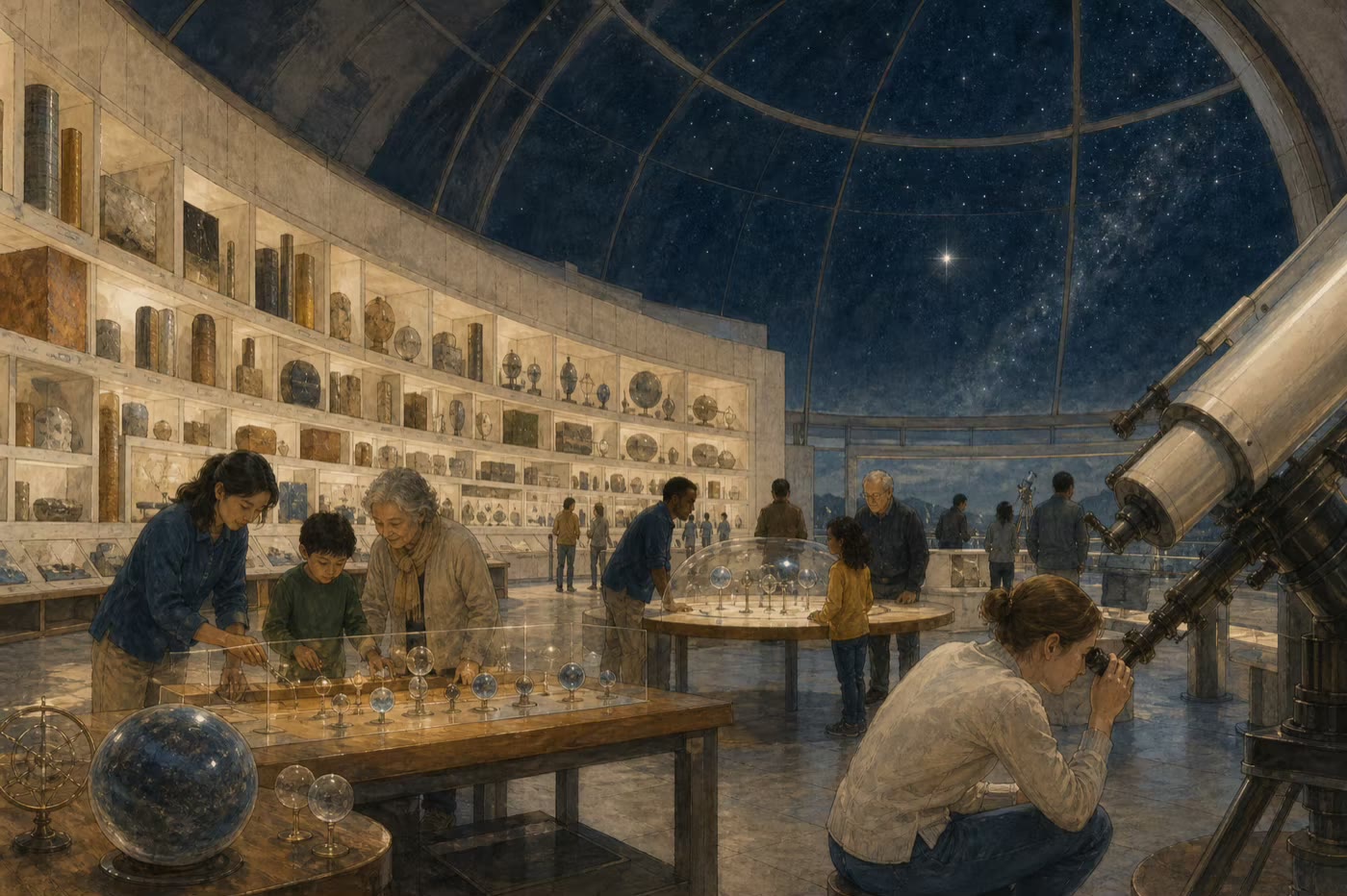 Several generations use an observatory, telescopes, archives, and physical models to study stellar distance and time.