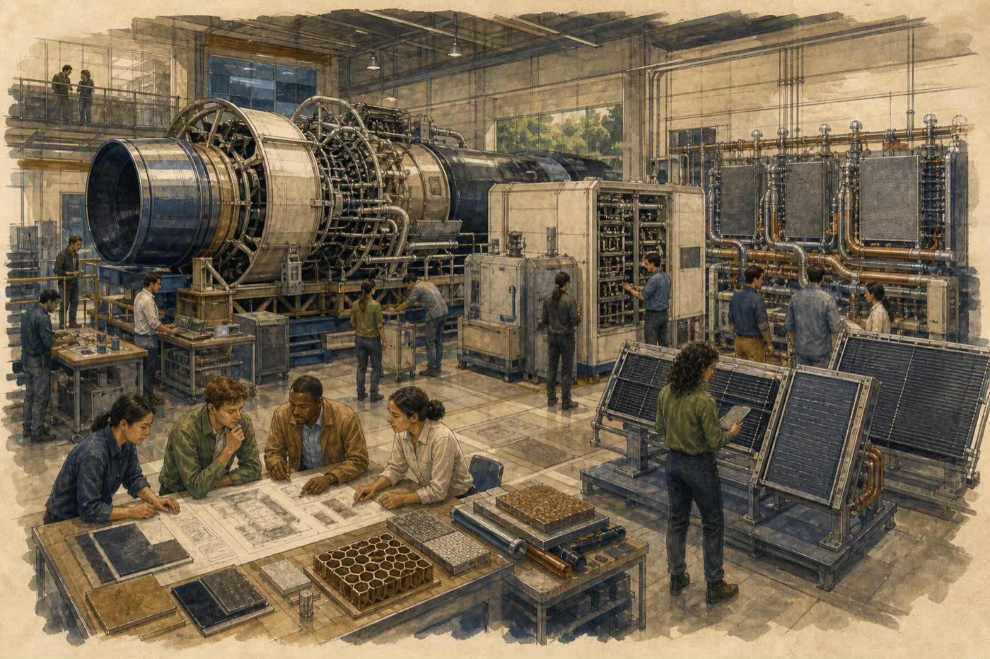 Engineers inspect a propulsion test article alongside power, cooling, radiator, and materials equipment.