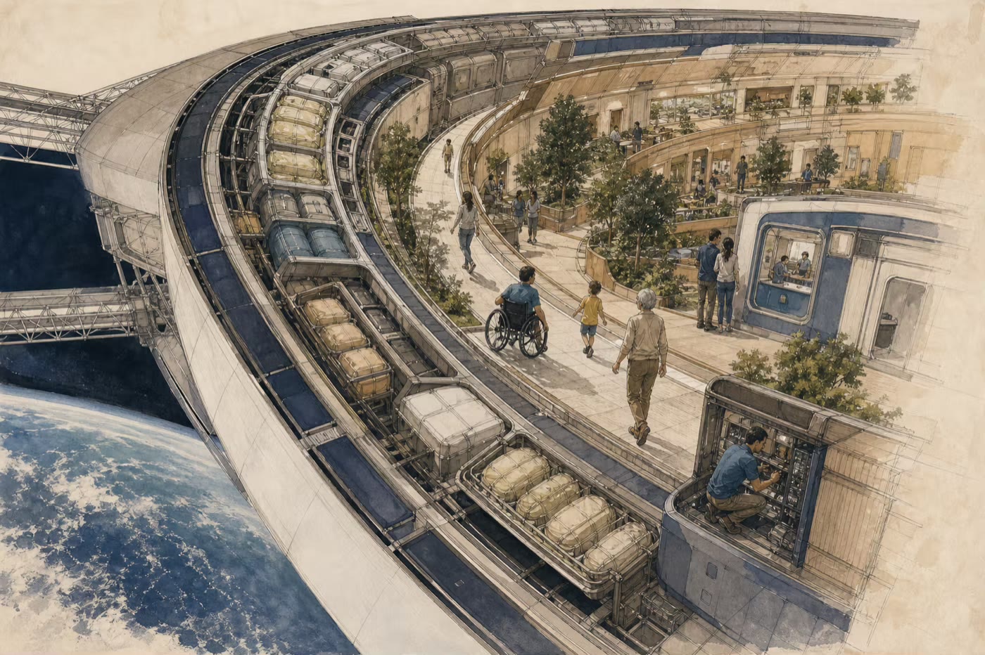 A broad rotating habitat ring with layered structure, refuge zones, greenery, homes, and accessible circulation along the outward floor.