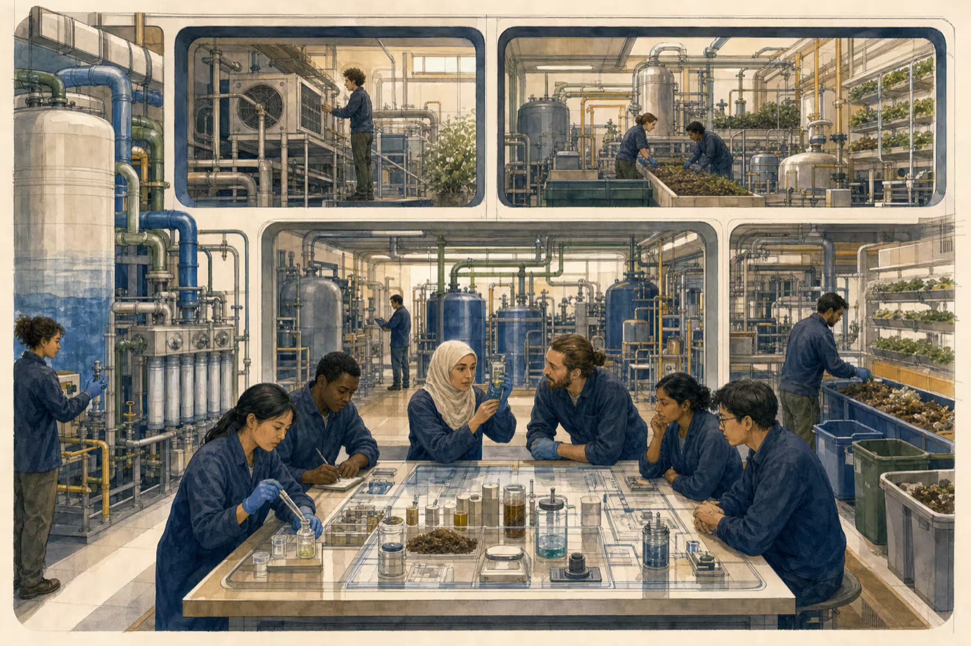 A team samples water, air, compost, and material-recovery systems inside interconnected treatment rooms.