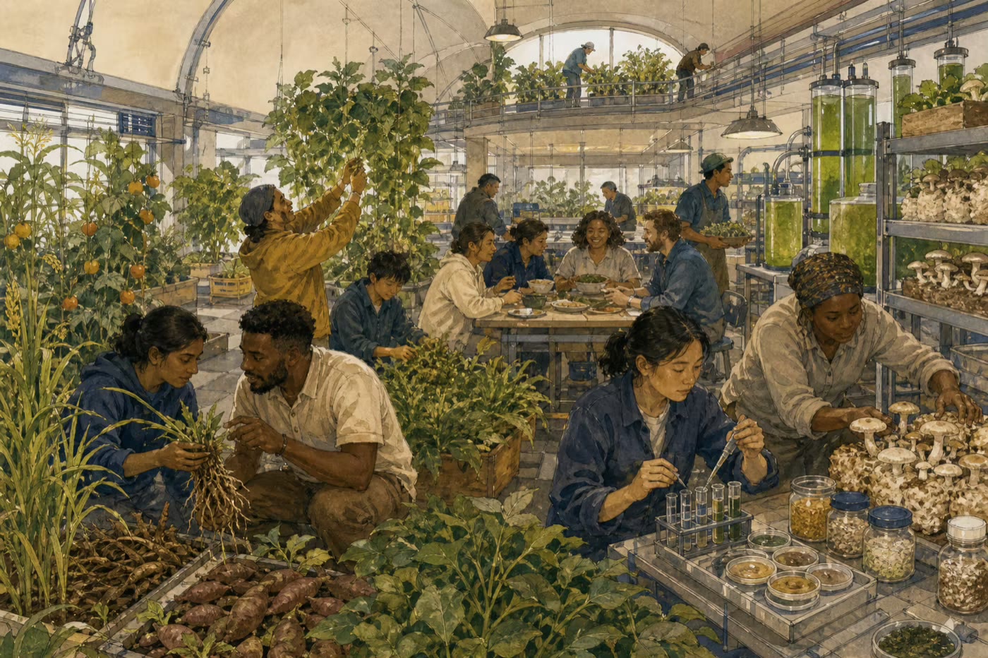 People grow staple crops, fruits, mushrooms and algae, inspect roots and microbes, and share food in a working habitat farm.