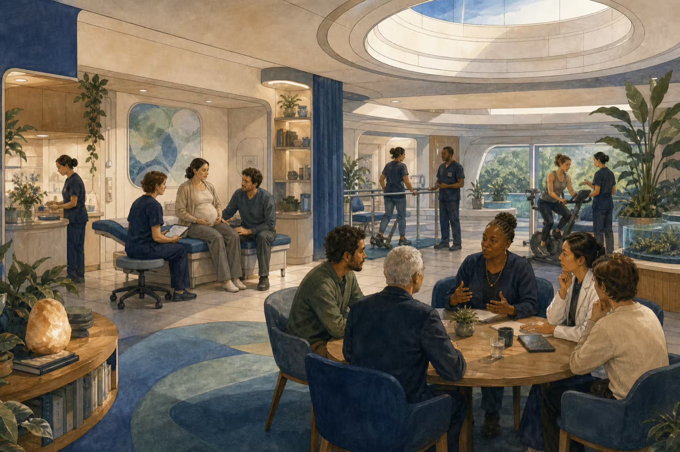 A clinic scene shows prenatal consultation, exercise rehabilitation equipment, family support, and a round-table bioethics discussion.