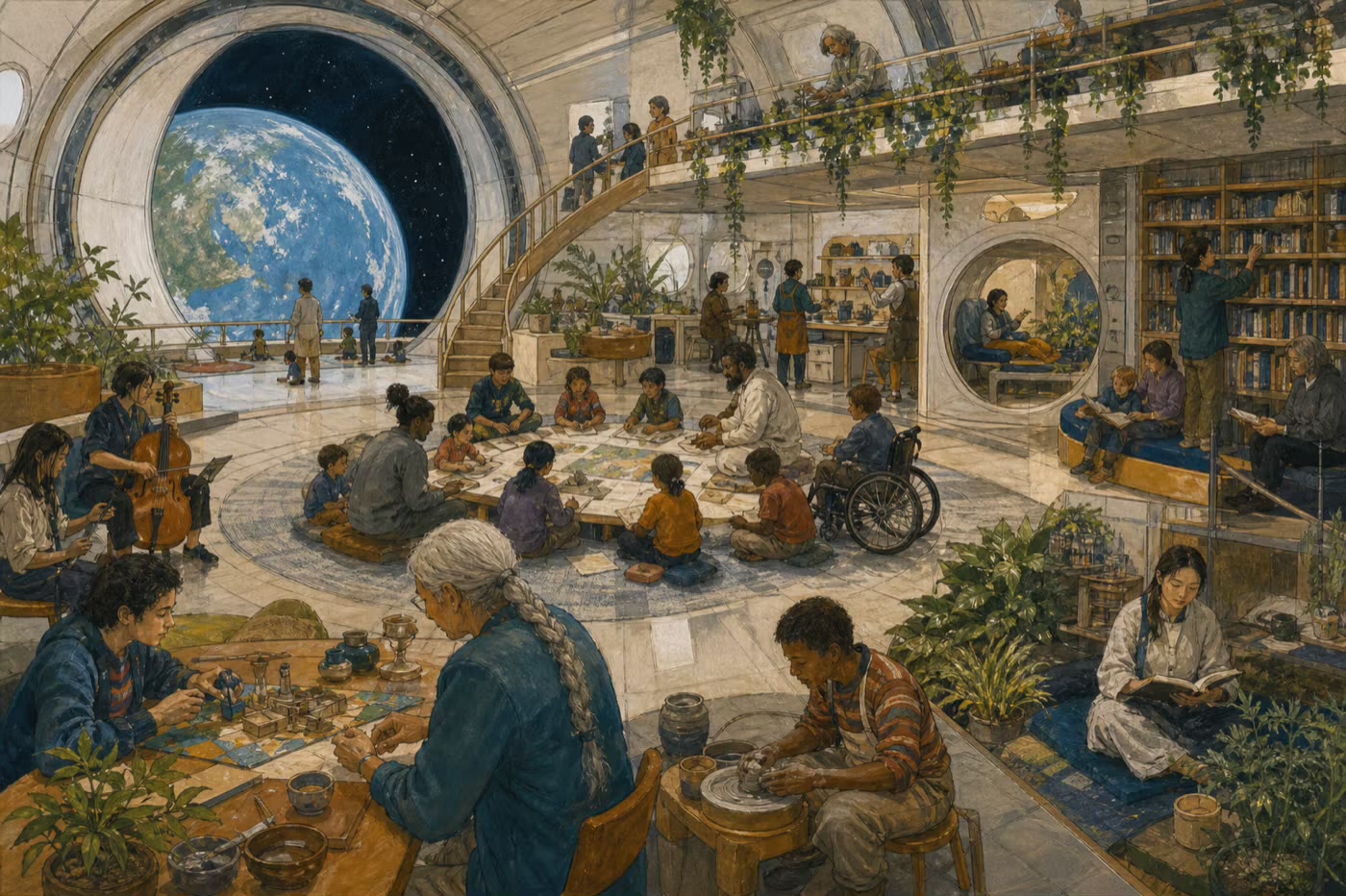 An intergenerational commons combines teaching, music, art, making, play, quiet space, plants, and a library.
