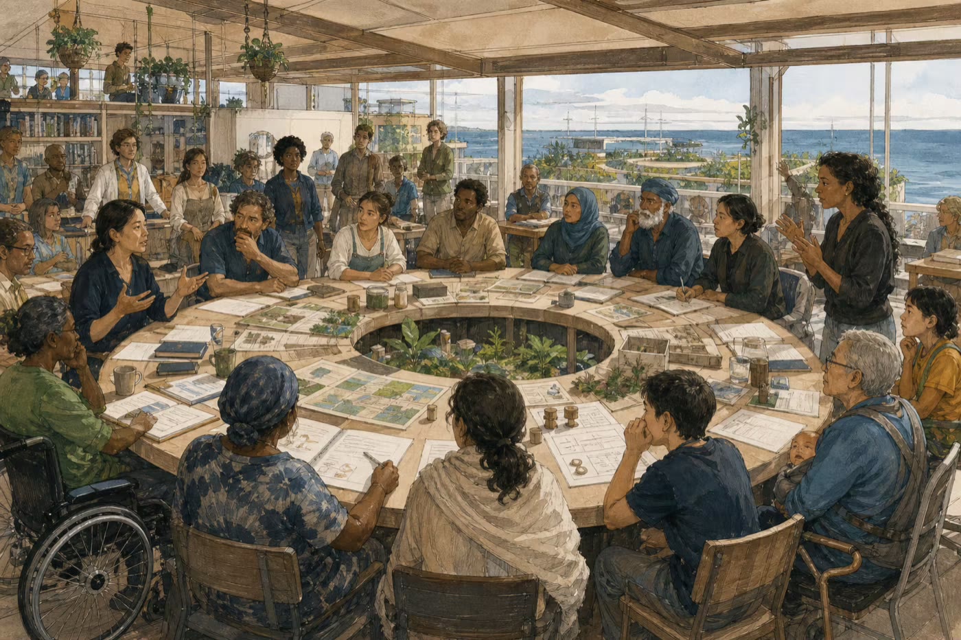 A plural civic assembly deliberates around a circular table with records, interpretation, caregiving, accessibility, and visible dissent.