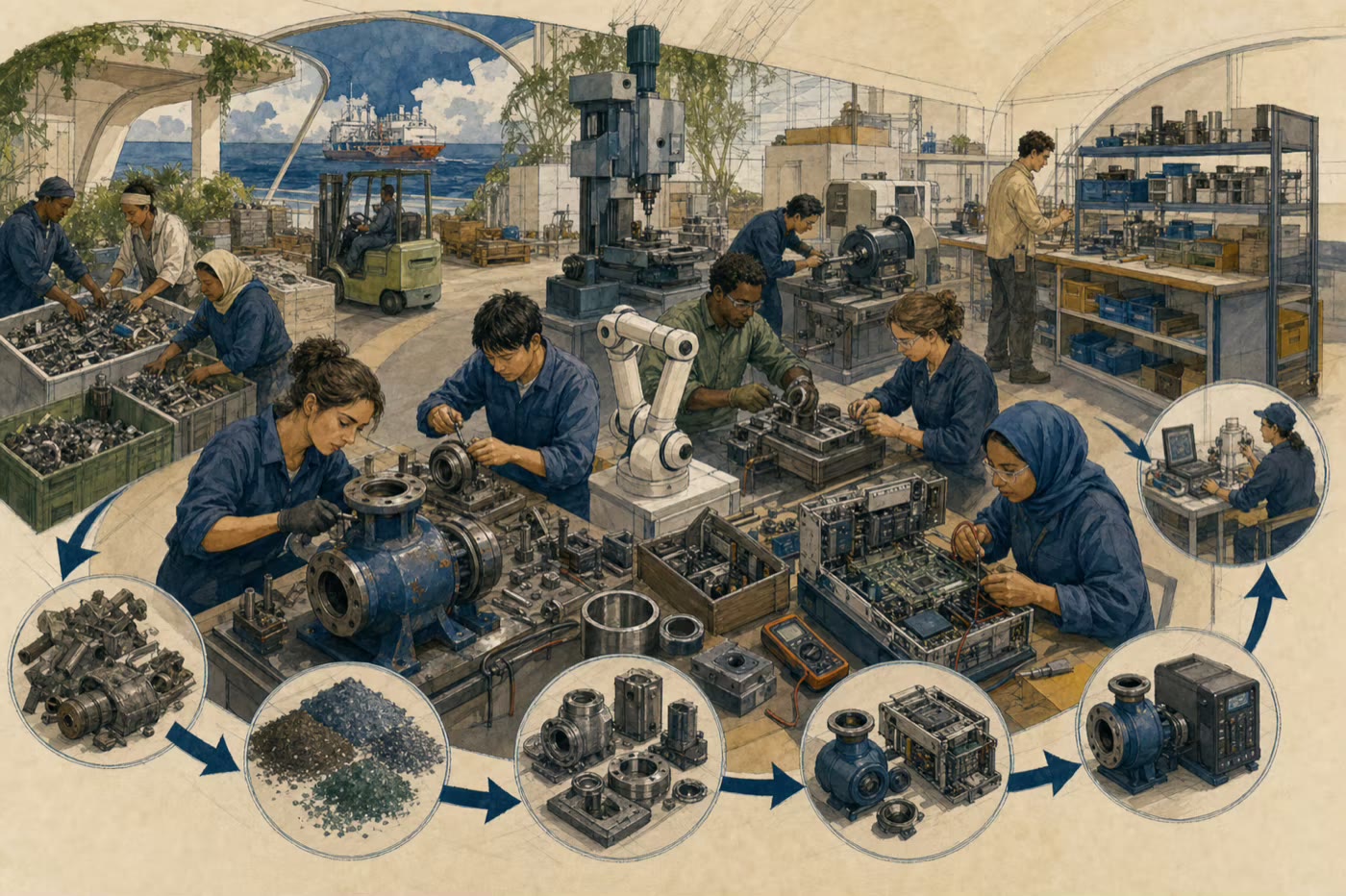 People and modest robots sort materials, machine parts, calibrate electronics, and remanufacture a worn pump.