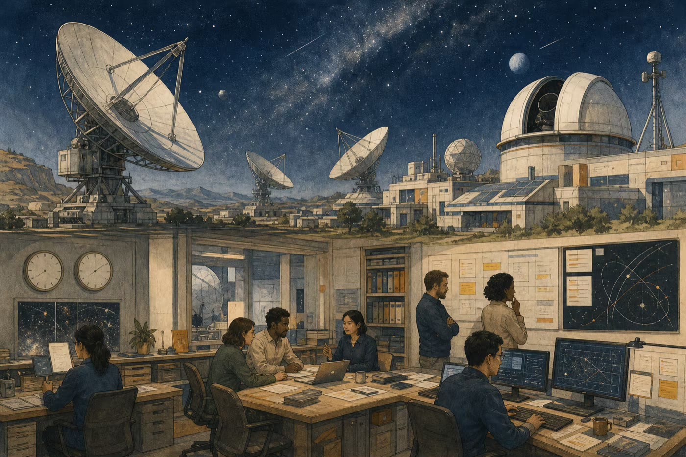 Several antennas and an optical observatory connect to a collaborative room managing delayed communications and autonomous navigation.