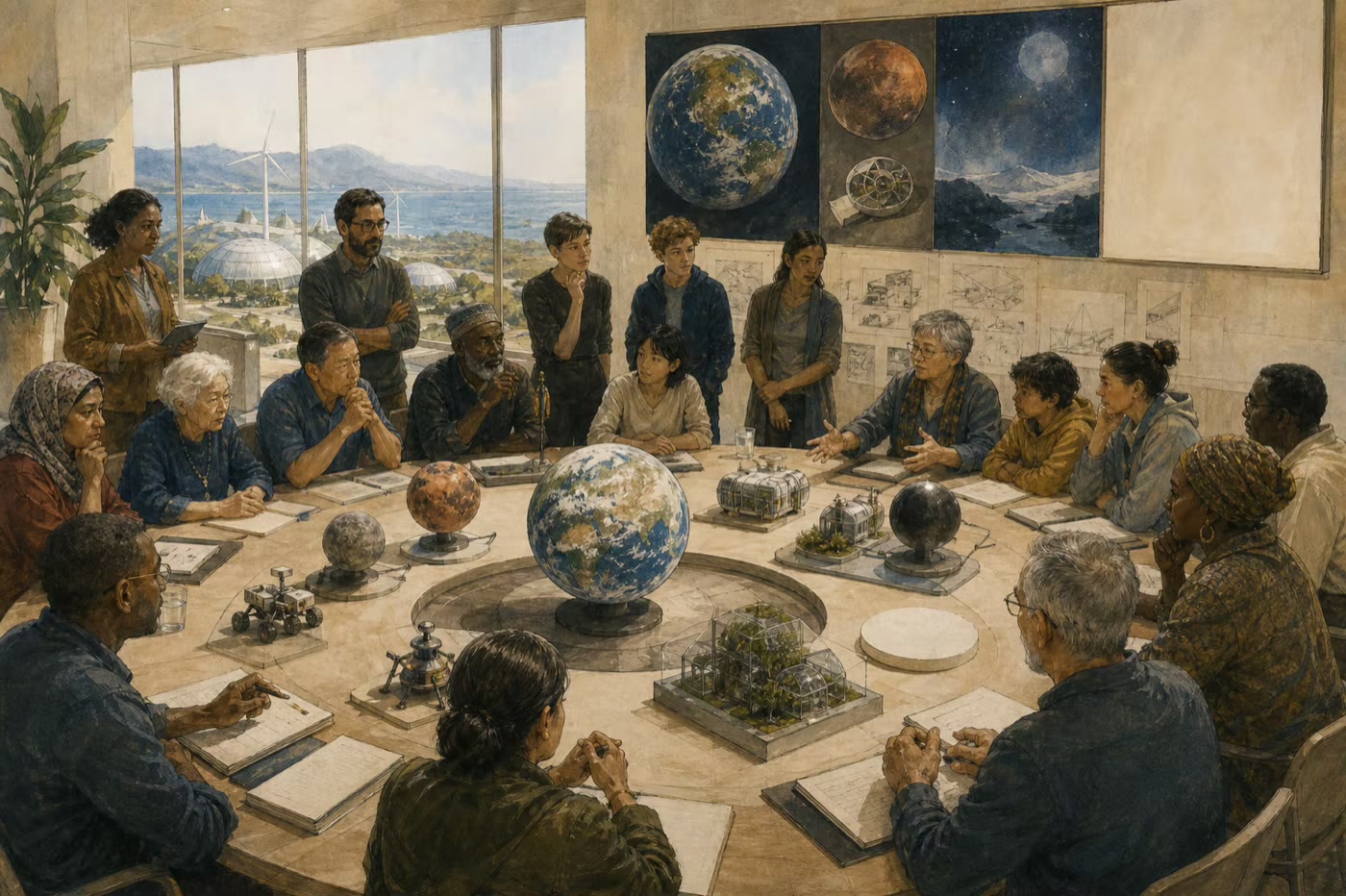 A public deliberation compares Earth, probes, habitats, an unknown world, and an empty option while no path is selected.