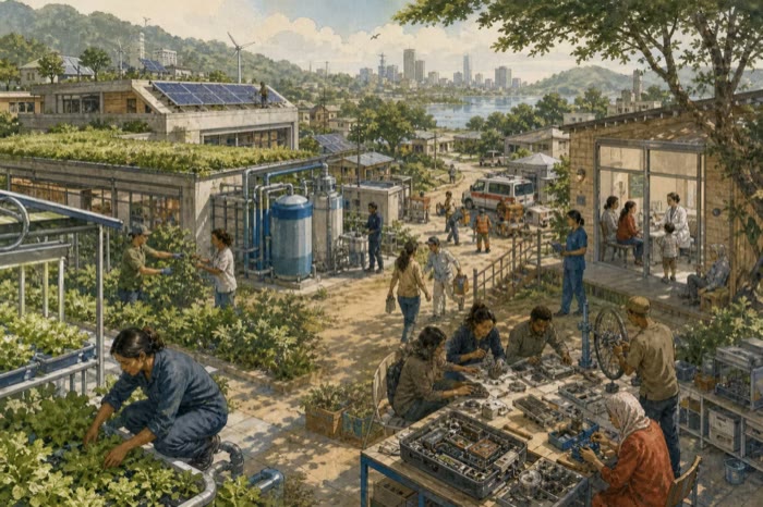 A community combines water treatment, food growing, a clinic, resilient energy, disaster response, and circular repair.
