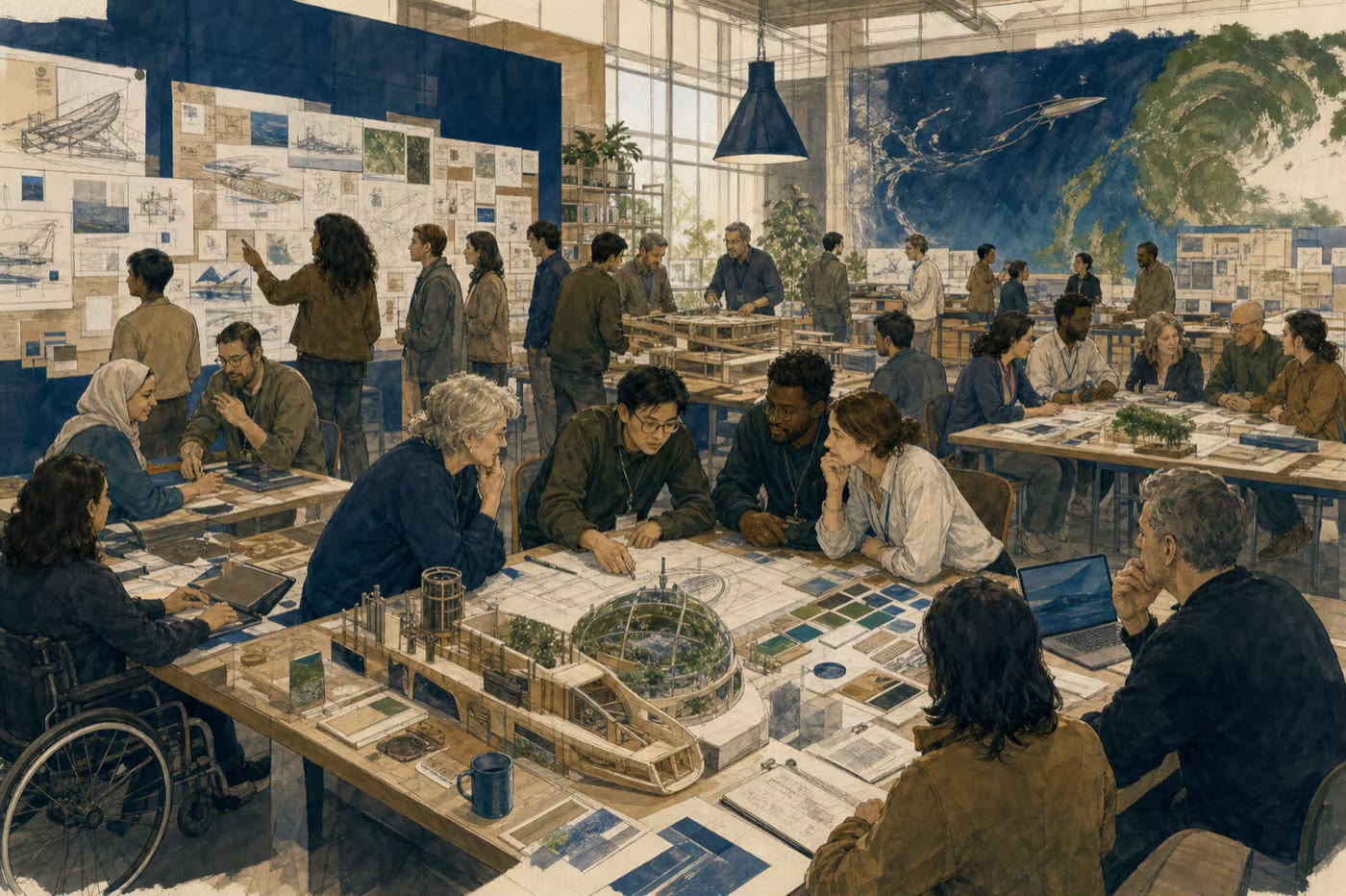 A multidisciplinary international team compares prototypes, evidence, tests, and disagreements across several connected work tables.