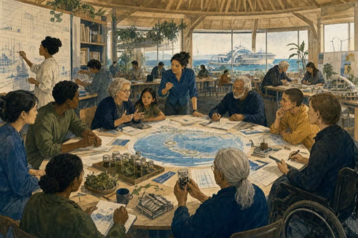 Several generations share tools, seeds, procedures, safety review, mentoring, succession, and dissent around a circular workspace.